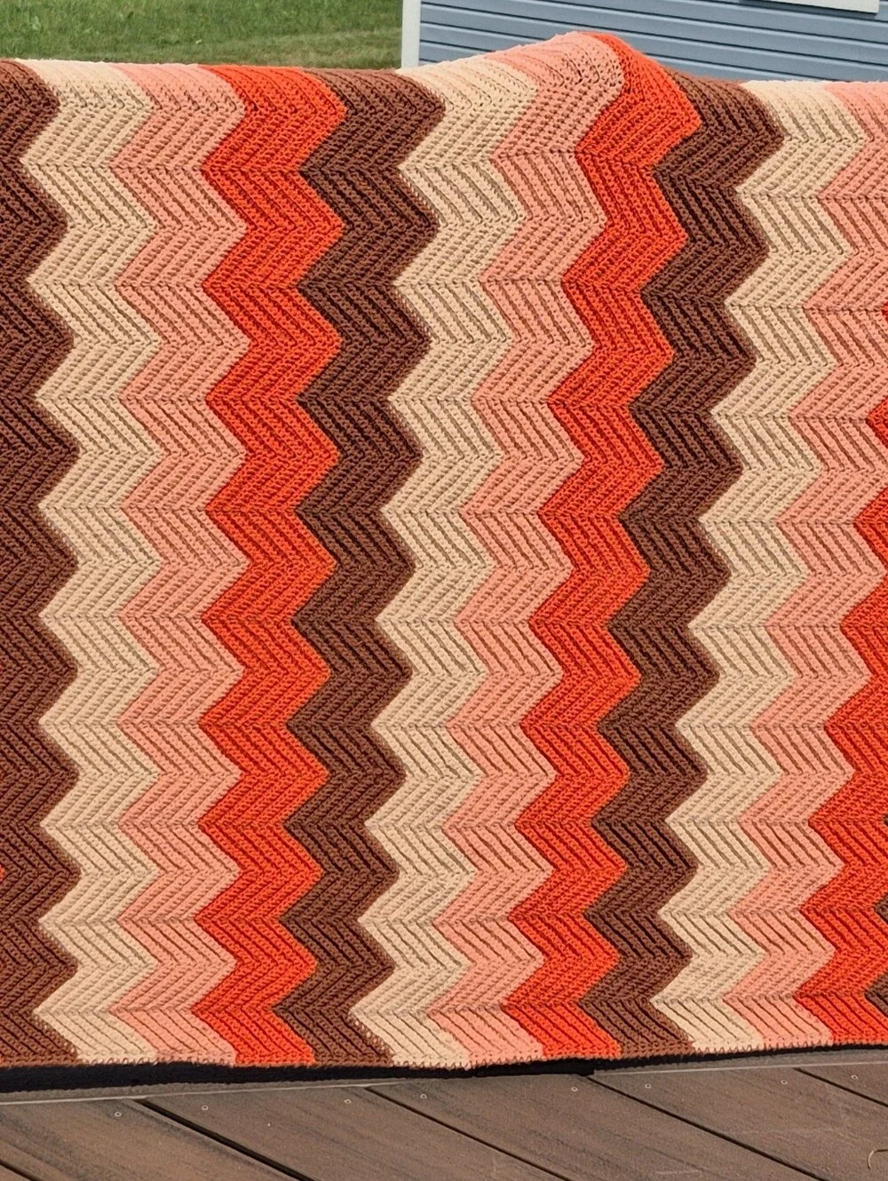 Vintage 70's Handmade Chevron Zigzag Crochet Afghan in Fall Colors 7'x4'